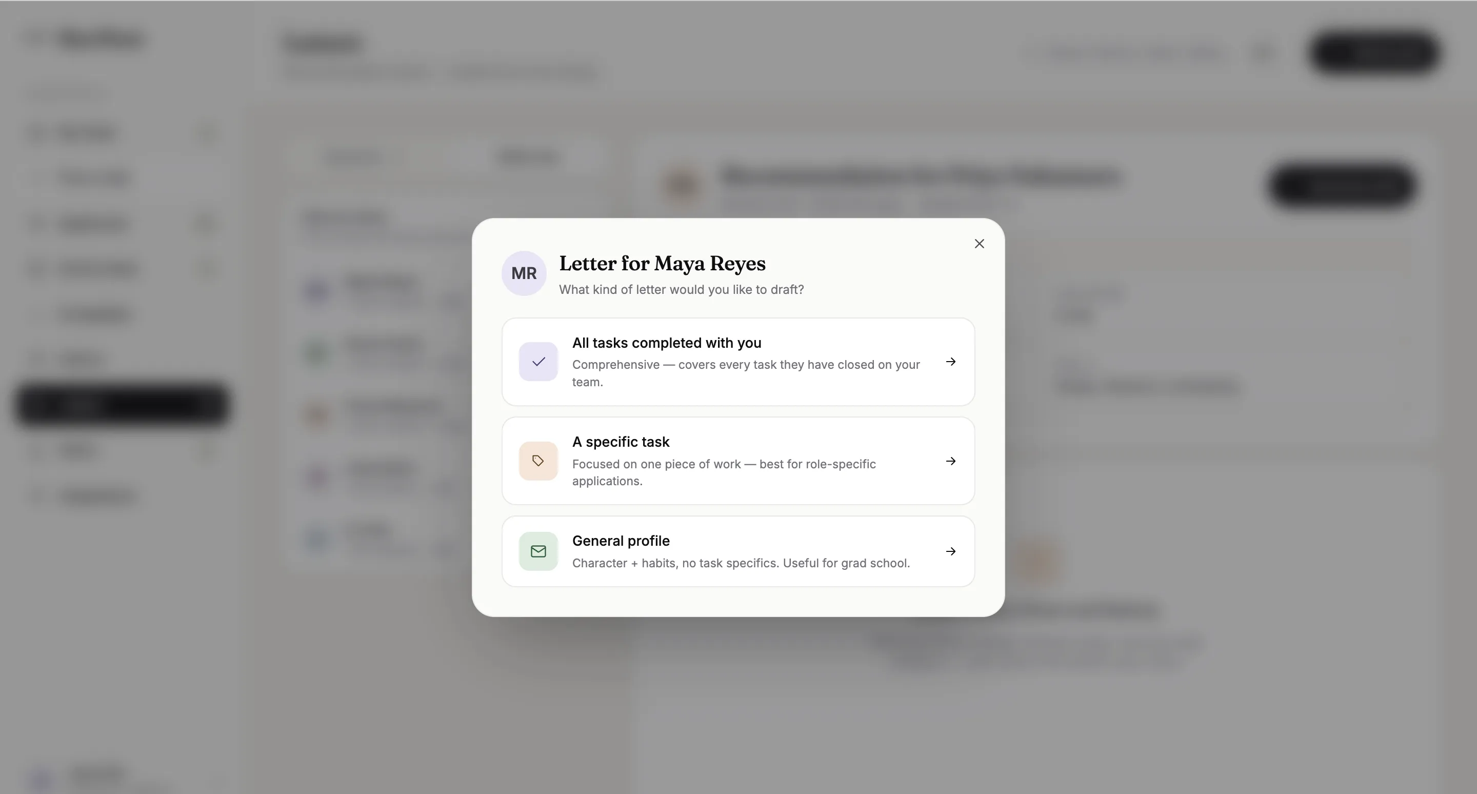 MaviNest letter dialog for an intern, offering three letter types: all tasks completed with you, a specific task, or a general profile.