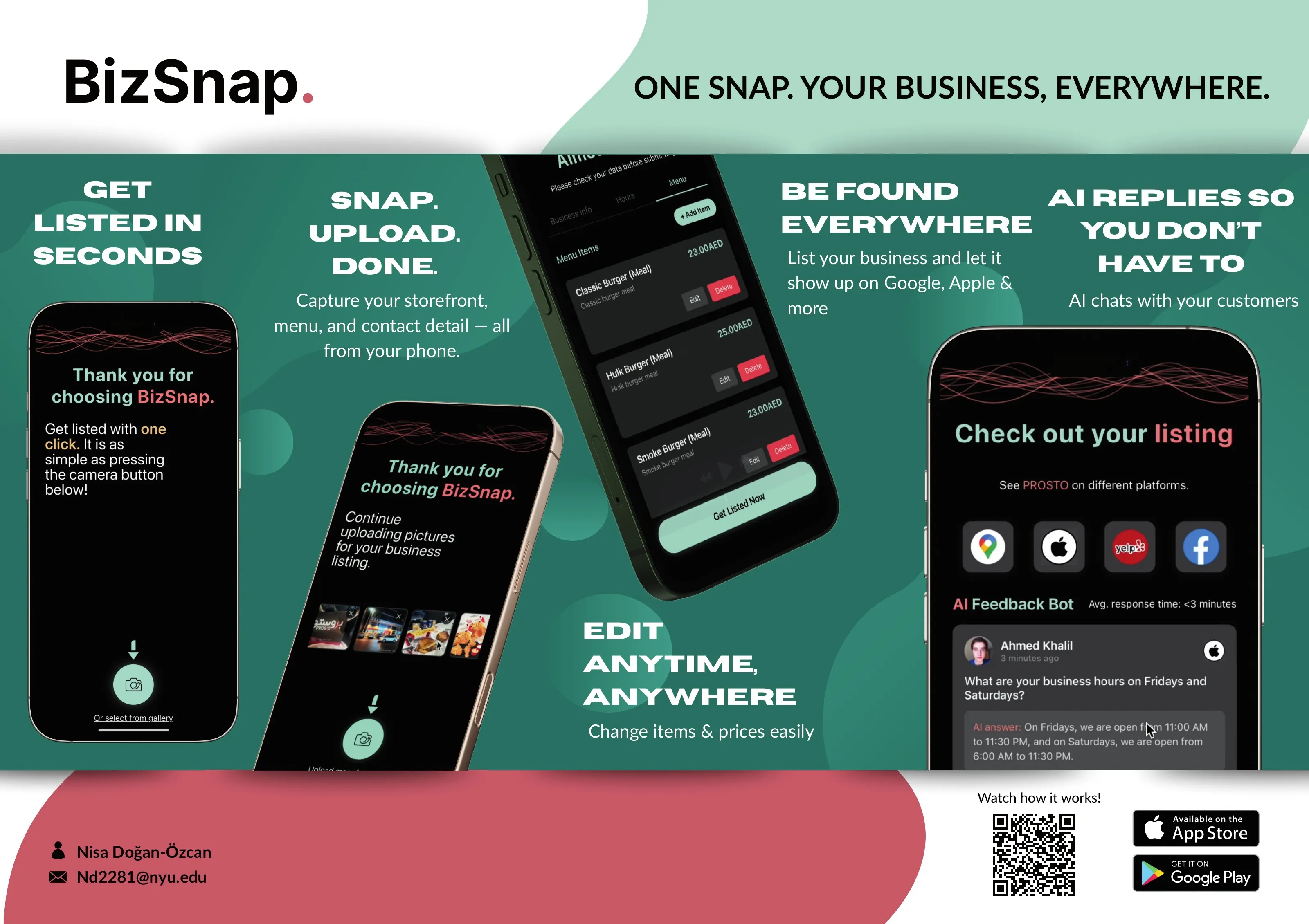 BizSnap poster showing the iOS app listing a business on Google, Apple Maps and Yelp